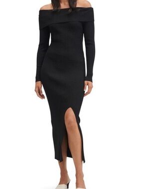 Mango Off-Shoulder Black Ribbed Midi Dress with Front Slit